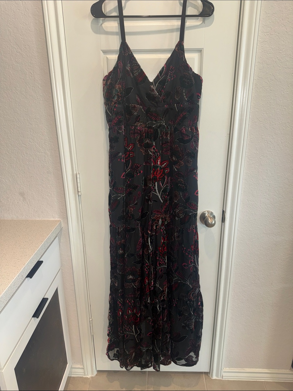 Hutch Black velvet V-Neck Floral Jumpsuit with Red Accents, purple/pink accents.
